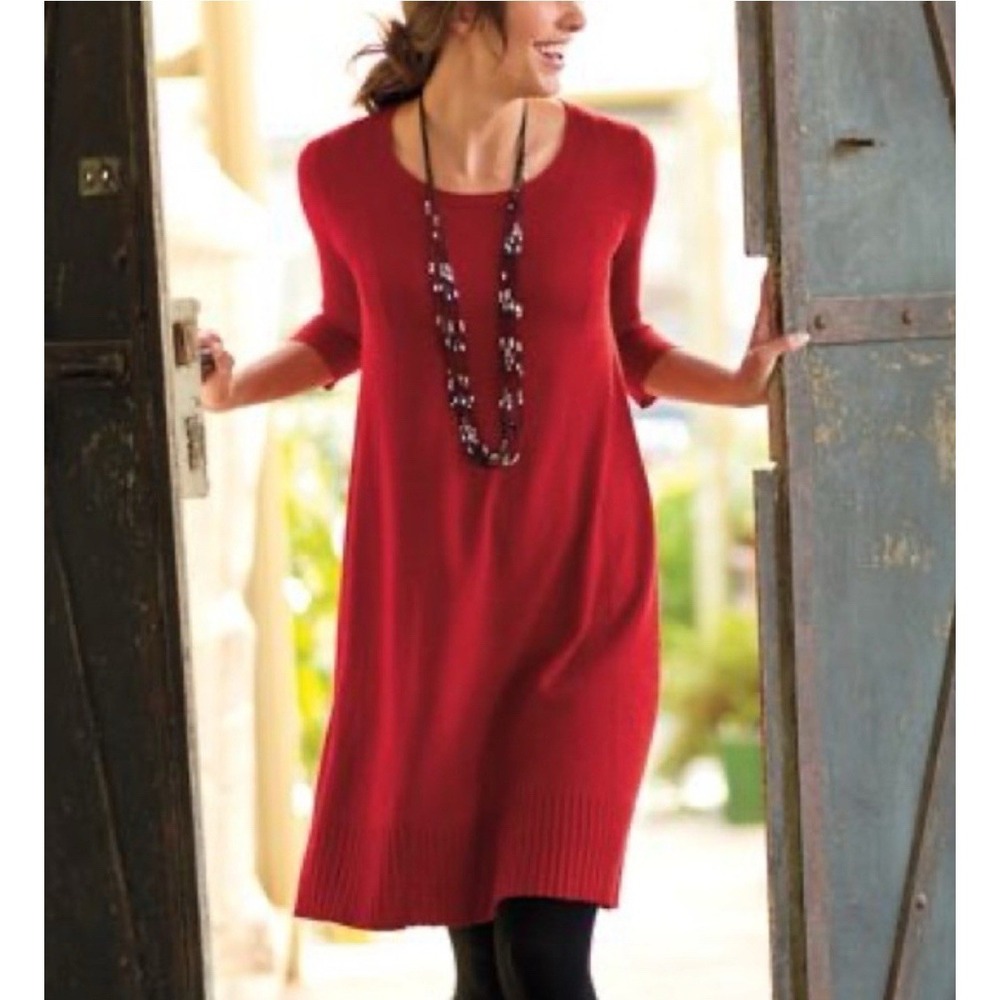 J Jill Women's‎ Red Knit Sweater Dress 3/4 Sleeve Wool Blend Size Medium Petite